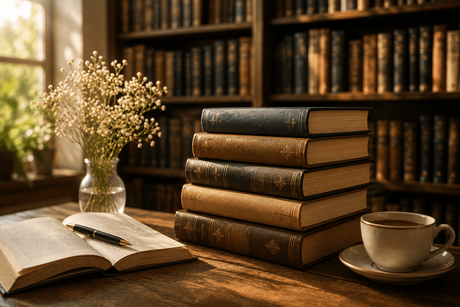 Books in a warm library