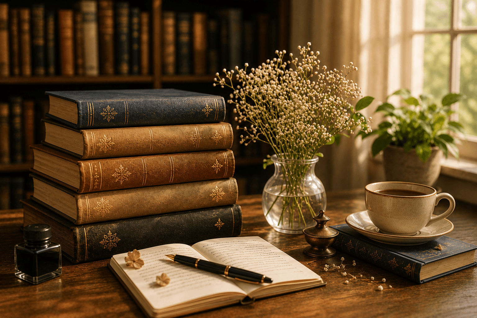Stack of books and flowers