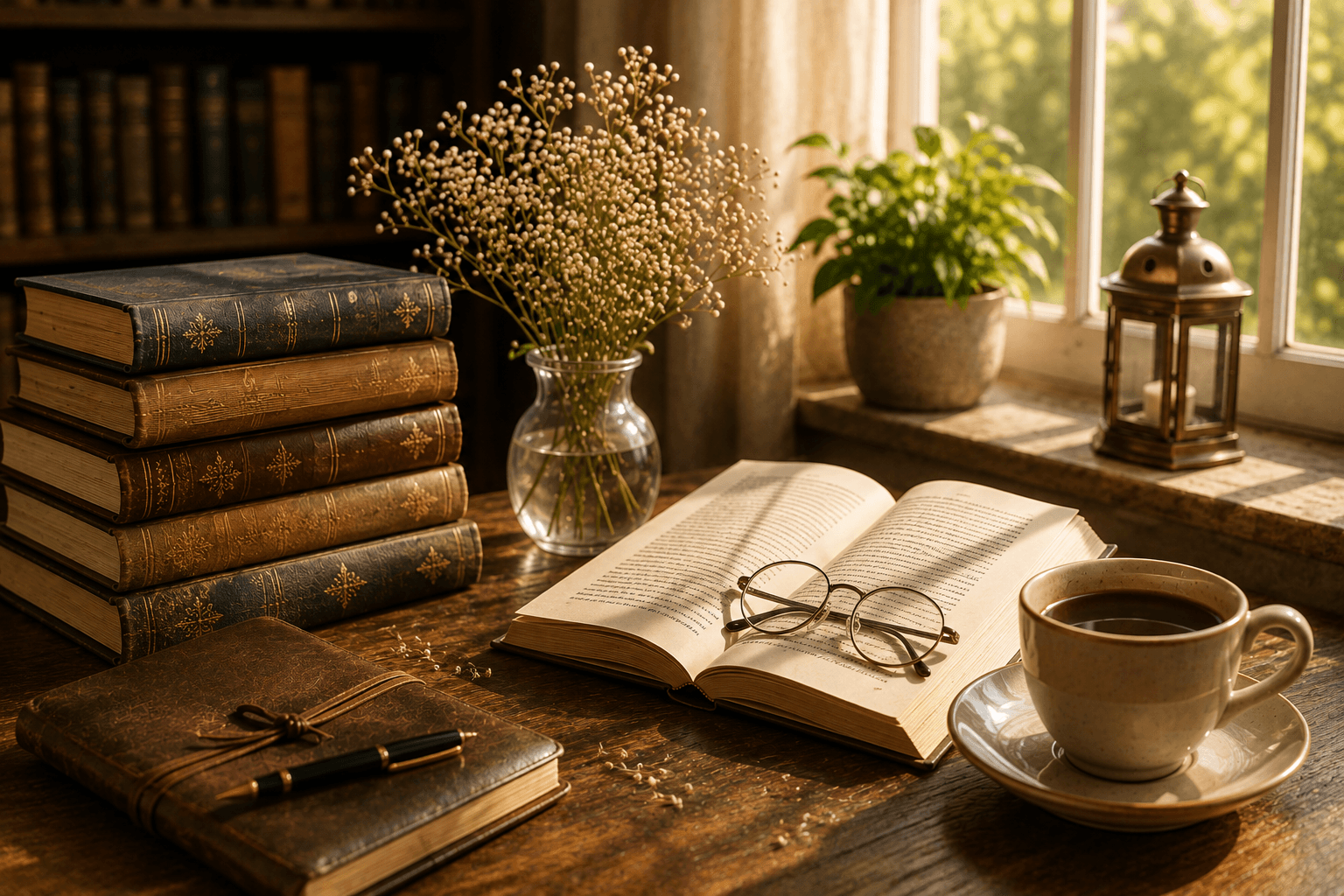 Reading book with coffee